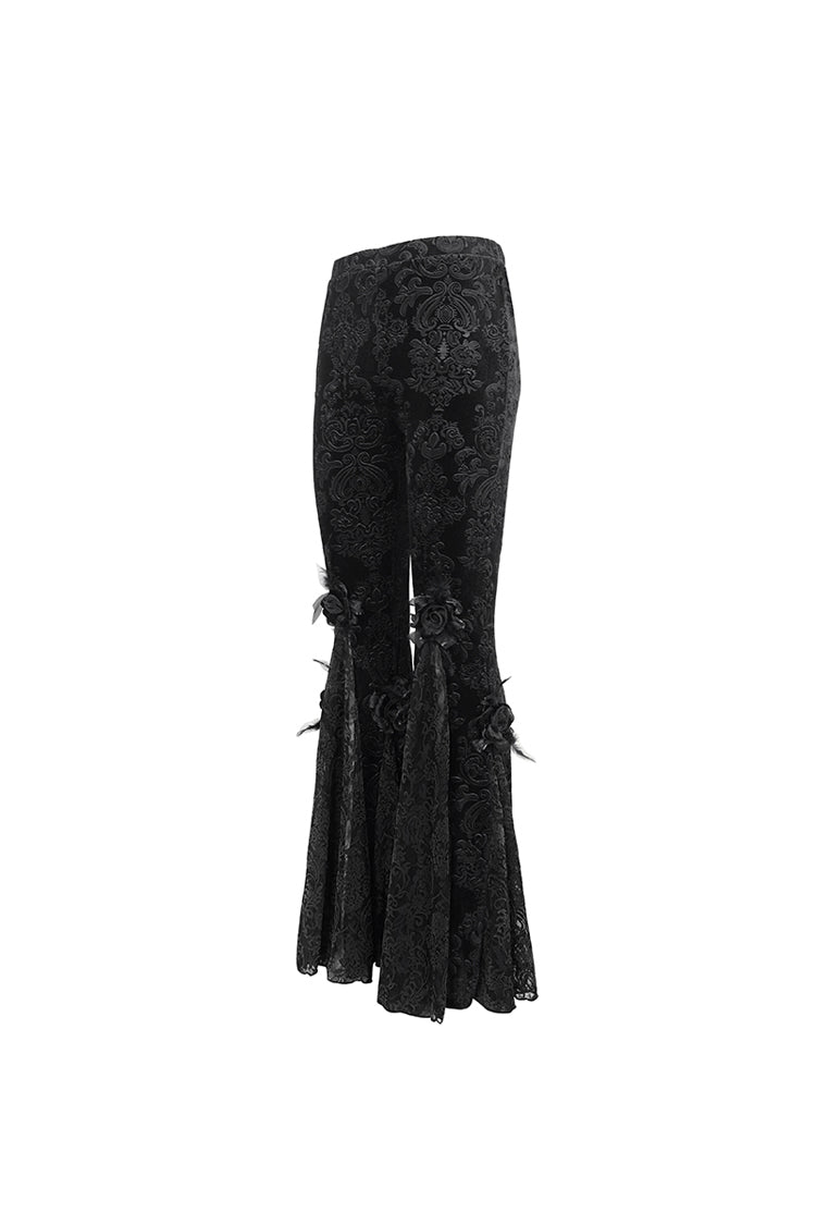 Dark Floral Lace Trimmed Flared Trousers for Women - Gothic