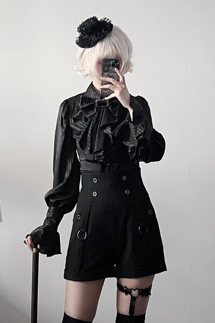 Lapel Collar Long Sleeve Striped Print Ruffle Ouji Gothic Blouse