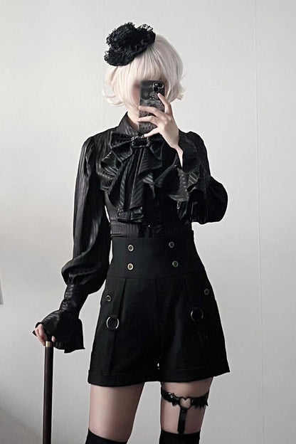 Lapel Collar Long Sleeve Striped Print Ruffle Ouji Gothic Blouse