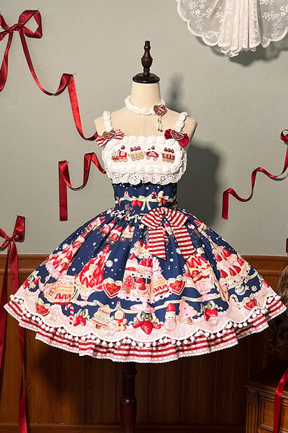 Natural Waisted Ruffle Bowknot Sweet Lolita JSK Dress with Strawberry Dessert Print - 4 Colors