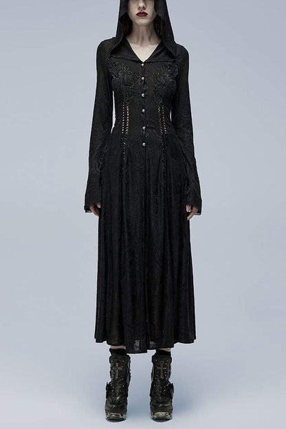 Ebony Flared-Sleeve Sheer Lace Fitted Hooded Gothic Dress