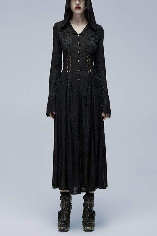 Ebony Flared-Sleeve Sheer Lace Fitted Hooded Gothic Dress
