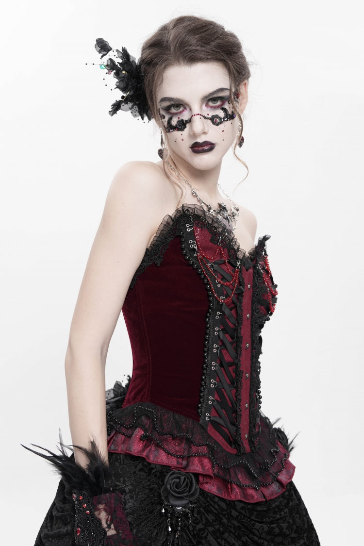 Crimson Gothic Overbust Corset with Beaded Lace and Lace-Up Back