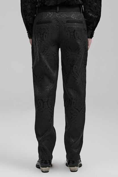 Men's Gothic Pants with Floral Print Decal and Decoration in Black Jacquard