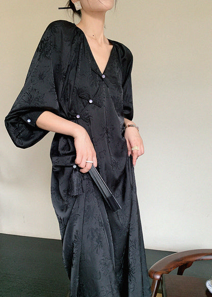 New Long Jacquard Beige Spring Neck Silk Oriental Dress Button V