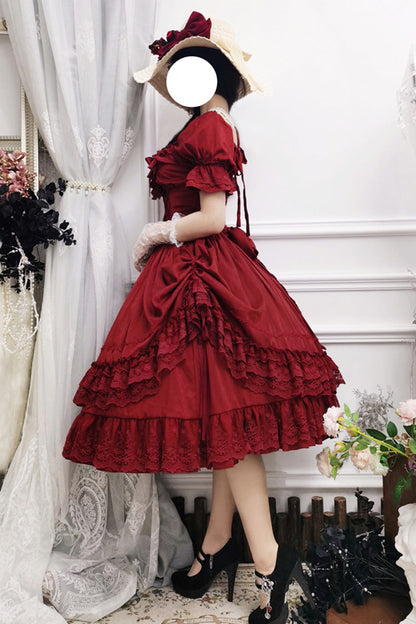 Crimson Vintage Lolita Dress with Puff Sleeves and Layered Ruffles