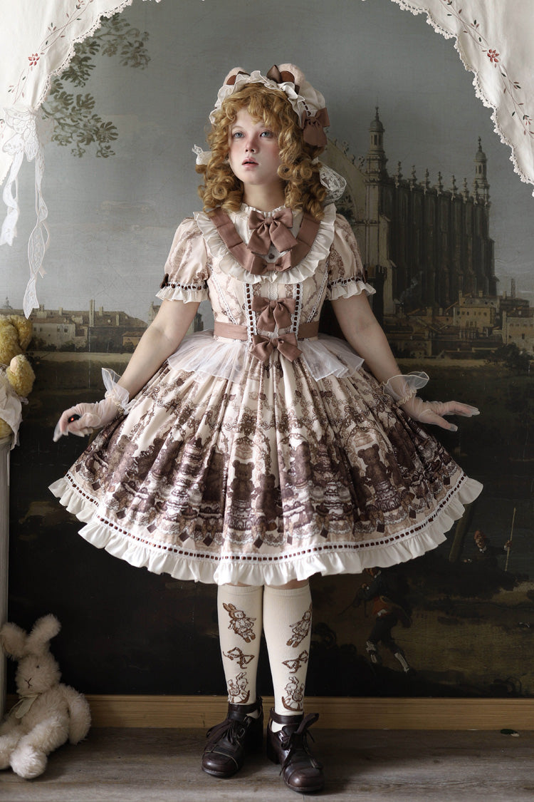 Teddy Bear Party Round Collar Printed Sweet Lolita Dress - Ruffled Bow