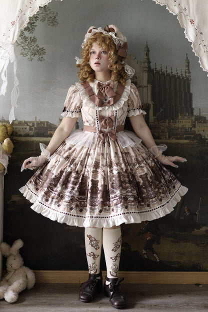 Teddy Bear Party Round Collar Printed Sweet Lolita Dress - Ruffled Bow