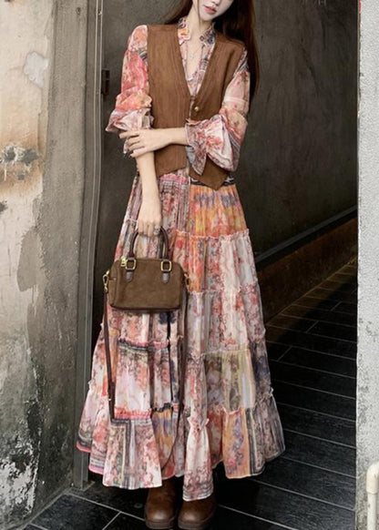 Dress Brown And Ruffled Suede Faux Elegant Waistcoat Two-Piece