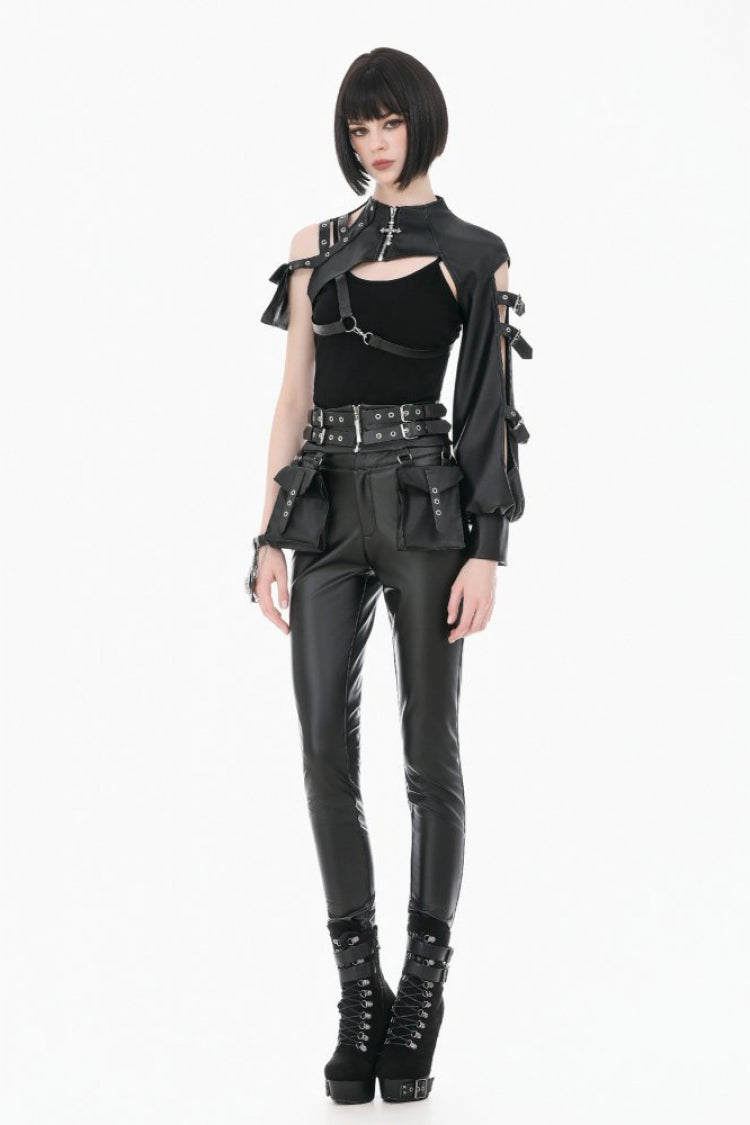 Women's Punk Leather Belt with Eyelet Buckle, Zipper and Side Pouches