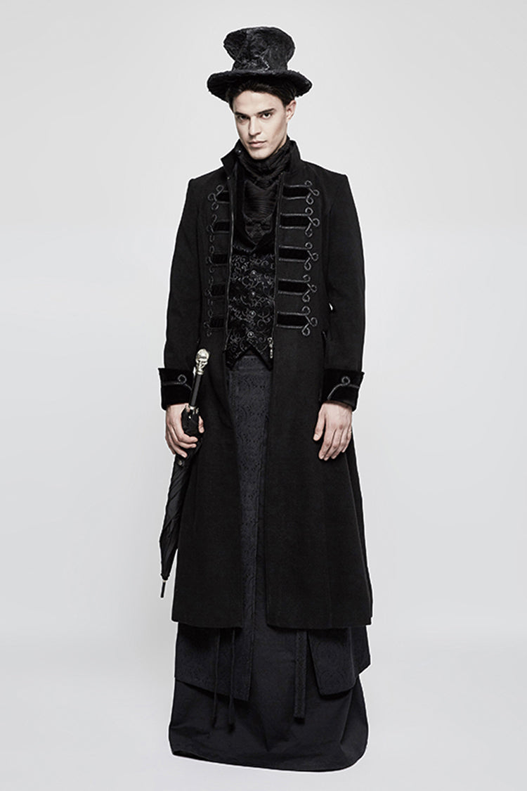 Vintage Gothic Men's Vest with V-Collar Print in Black Jacquard Velvet