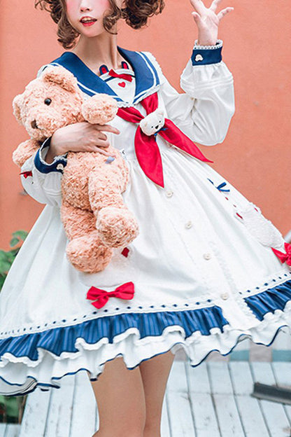 Ivory Navy Collar Chiffon Sea Bear Print Bow Ruffled Sweet Lolita OP