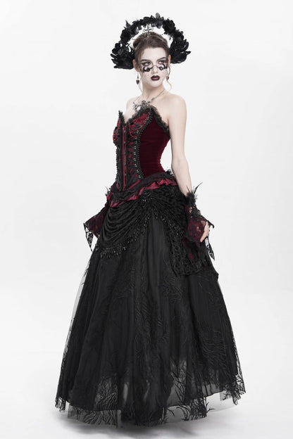 Crimson Gothic Overbust Corset with Beaded Lace and Lace-Up Back
