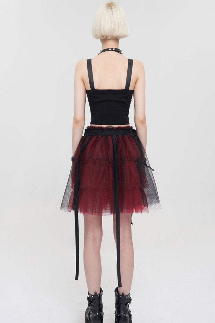 Crimson & Charcoal Punk Mesh Ruffle Rocker Mini Skirt