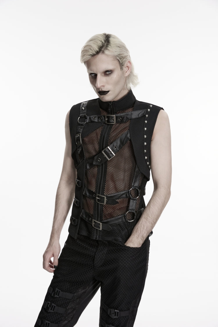 Cool Men's Black Punk Vest, Asymmetric with Studs and Buckles
