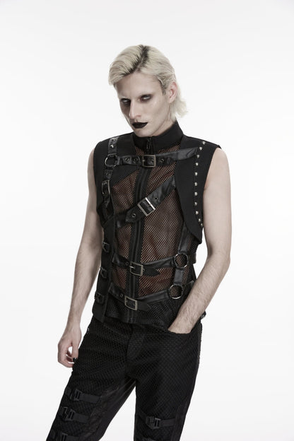 Cool Men's Black Punk Vest, Asymmetric with Studs and Buckles