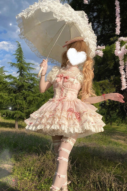 Blush Double-Layered Ruffle Bow Lace-Up Ballerina JSK - Flory Butterfly