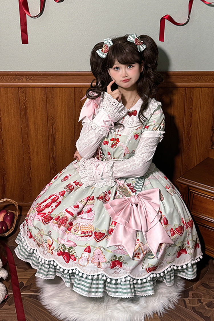 Doll Collar Short Sleeve Print Ruffle Bowknot Sweet Lolita Dress with Strawberry Dessert - 4 Colors