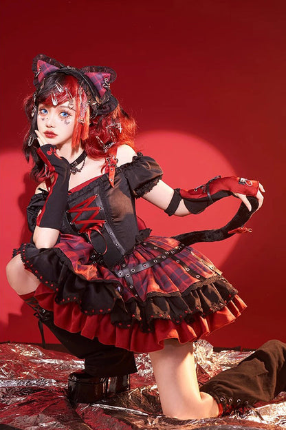 Crimson & Charcoal Floral Ruffle Laced Japanese Goth Princess JSK