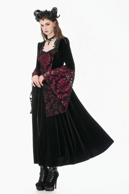 Crimson & Obsidian Square Collar Long Flare Puff Sleeves Lace Victorian Velvet Long Dress