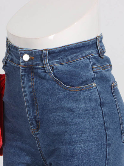 Red Chic Tied Straight Jeans High Waist Buttoned