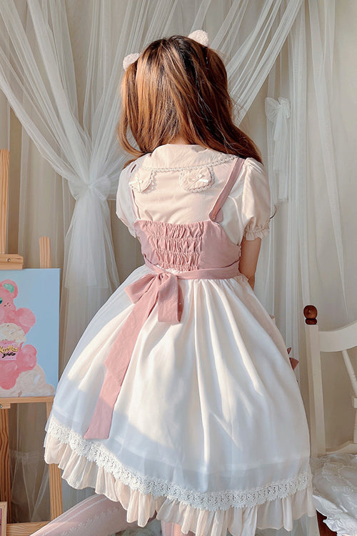Sweet Lolita JSK Gown with Bear Print, Ruffled Bow & High Waisted Cut