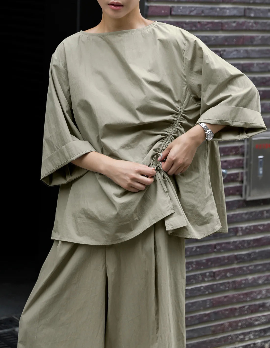 Casual Cotton Top Drawstring Sleeve Khaki Half Asymmetrical