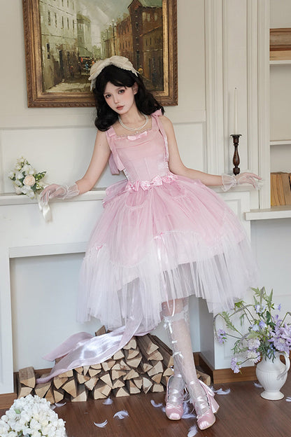 Blush Sleeveless Ruffle Bow Fishbone Sweet JSK - Foamy Sea