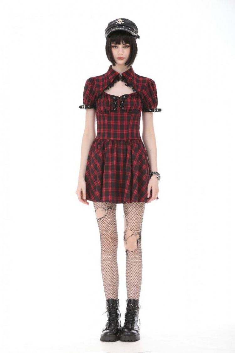 Crimson & Charcoal Tartan Notch Collar Cutout Short Sleeve Laced Punk Retro Mini Dress