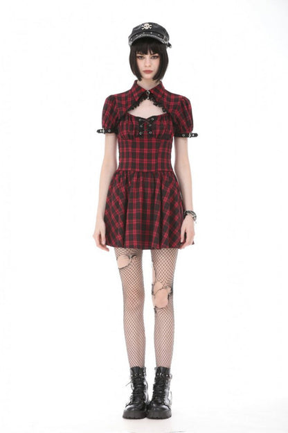Crimson & Charcoal Tartan Notch Collar Cutout Short Sleeve Laced Punk Retro Mini Dress