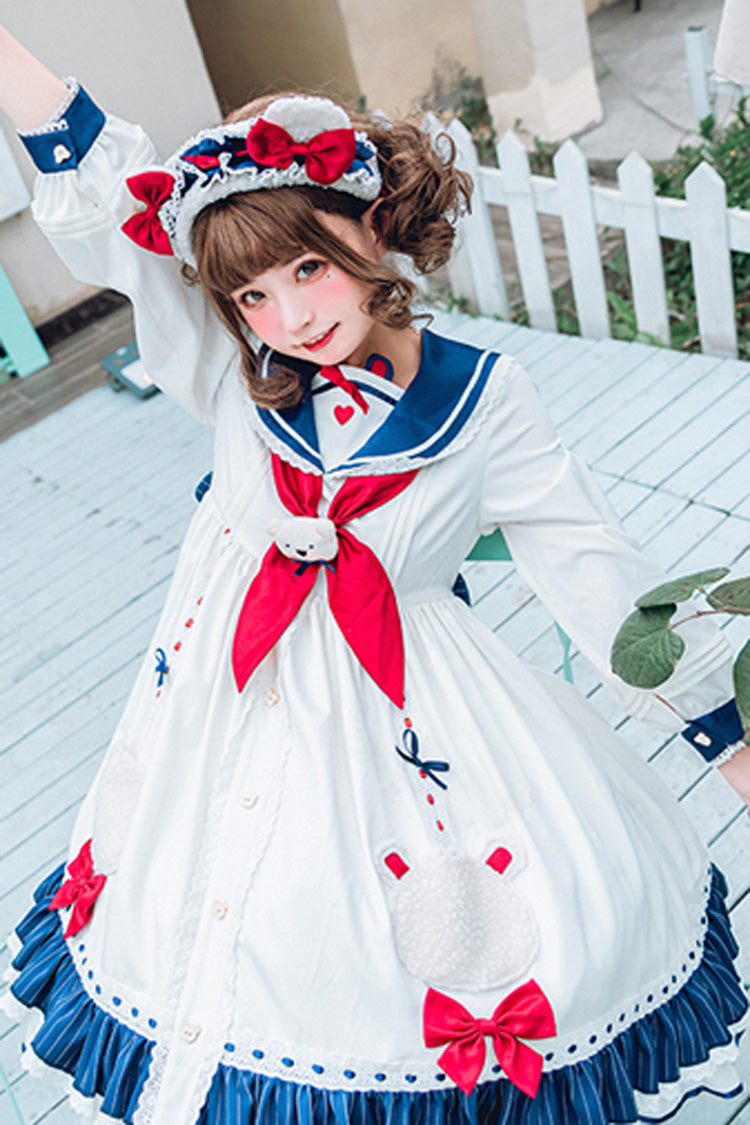 Ivory Navy Collar Chiffon Sea Bear Print Bow Ruffled Sweet Lolita OP