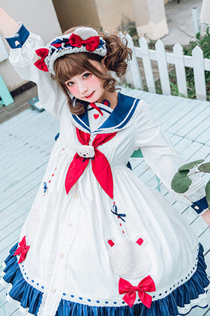 Ivory Navy Collar Chiffon Sea Bear Print Bow Ruffled Sweet Lolita OP