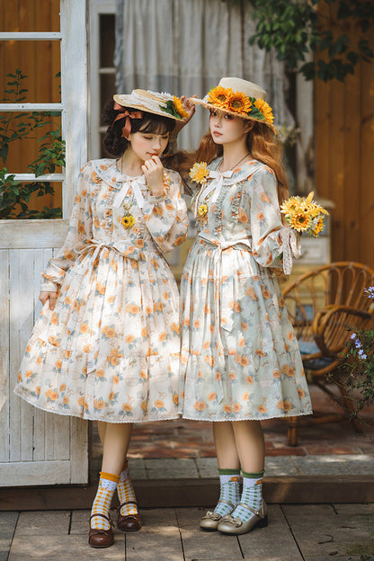 Emerald Long Sleeve Sunflower Ruffle Bow Sweet Lolita Gown