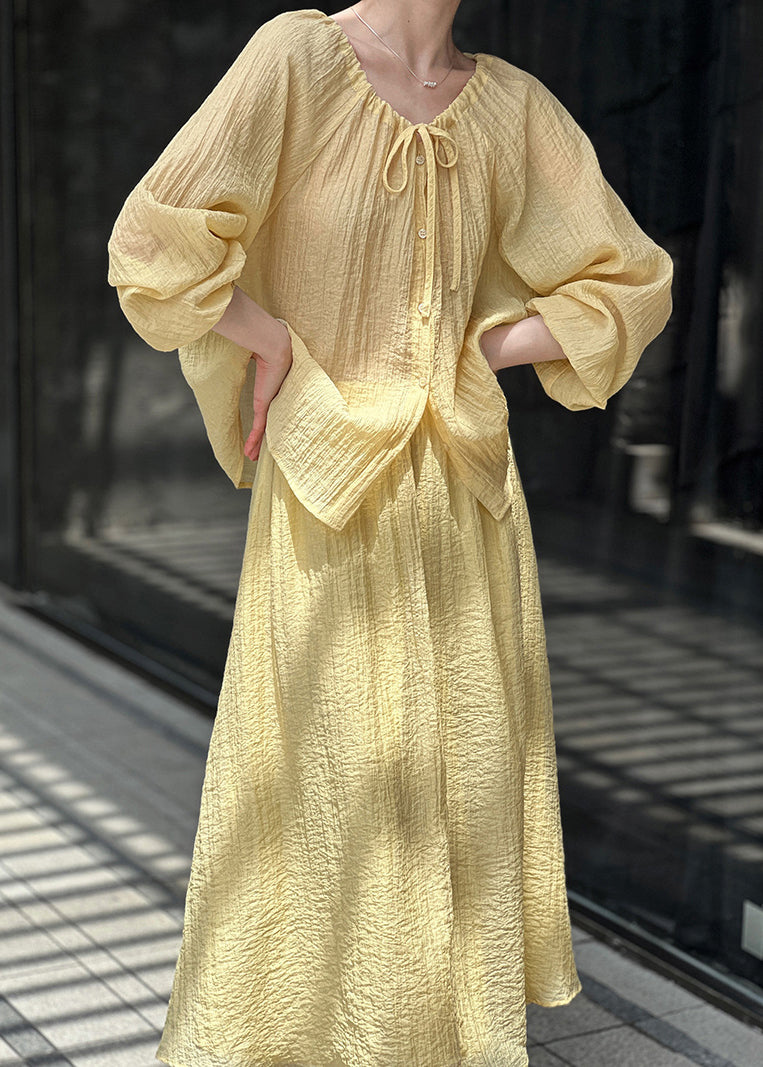 French Cotton Two And Up Pieces Set Skirts Yellow Tops Lace