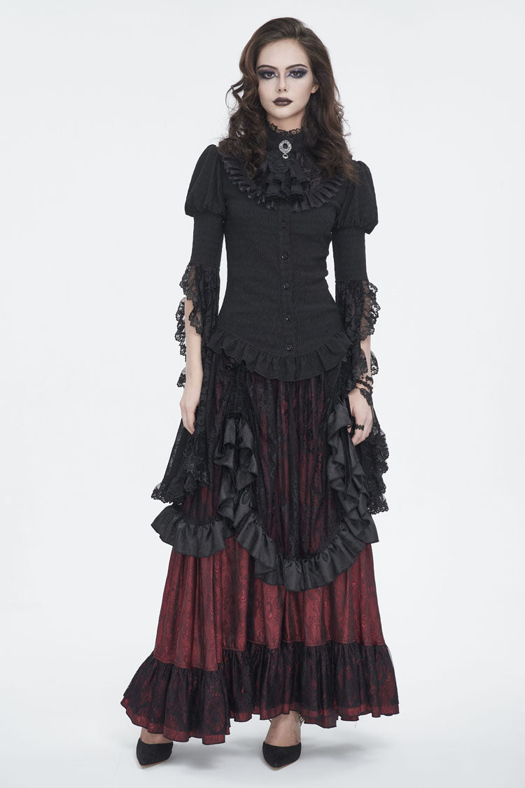 Crimson & Obsidian Ruffle Lace Drawstring Gothic Skirt