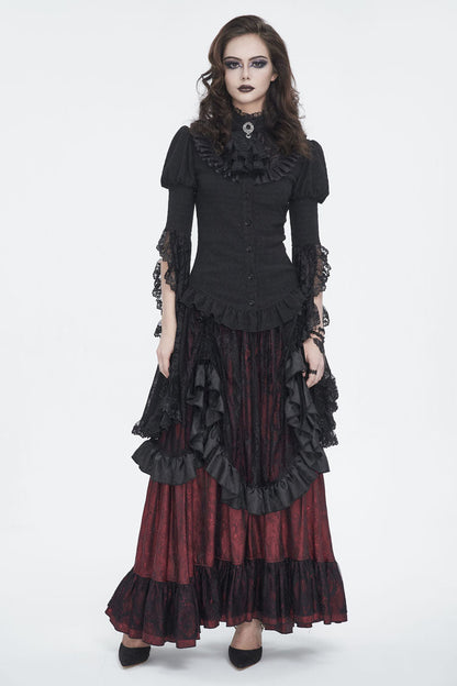 Crimson & Obsidian Ruffle Lace Drawstring Gothic Skirt