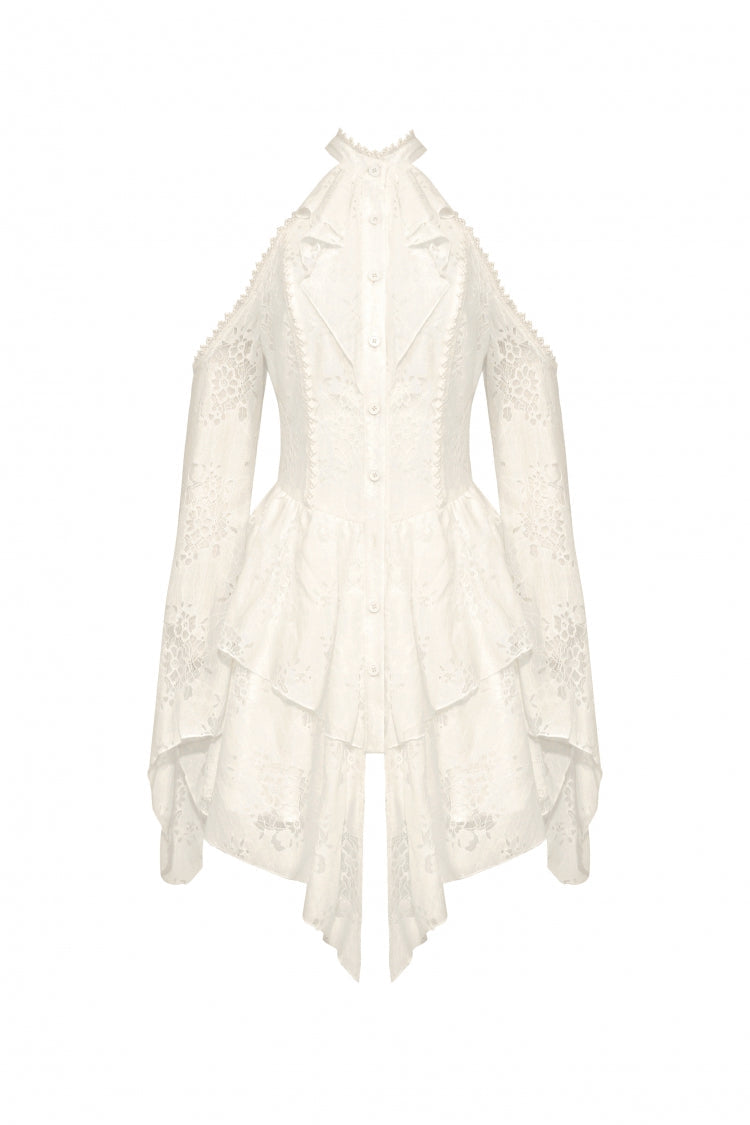 Steampunk Women's Dress with Halter Off-Shoulder Lapel Collar & Flare Sleeves, Cream