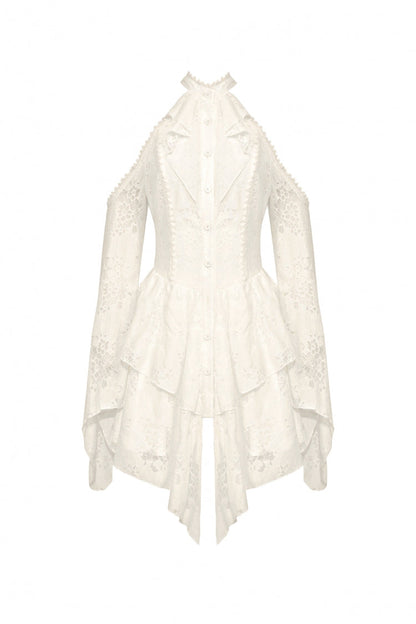 Steampunk Women's Dress with Halter Off-Shoulder Lapel Collar & Flare Sleeves, Cream