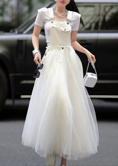 Patchwork Tulle Summer Strap Dress White Distinctive Denim