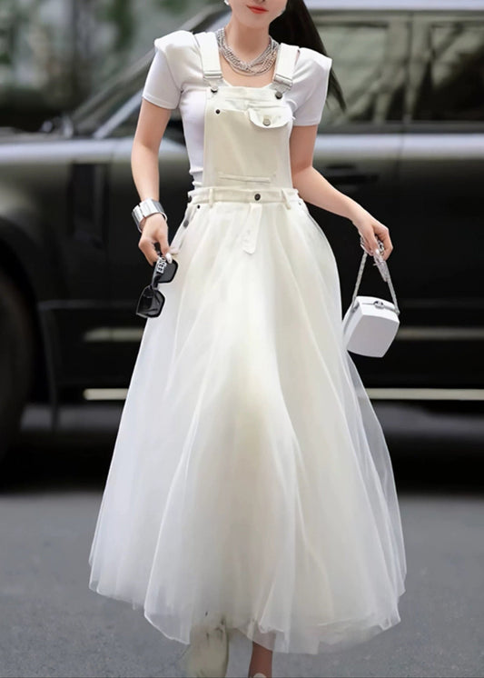 Patchwork Tulle Summer Strap Dress White Distinctive Denim