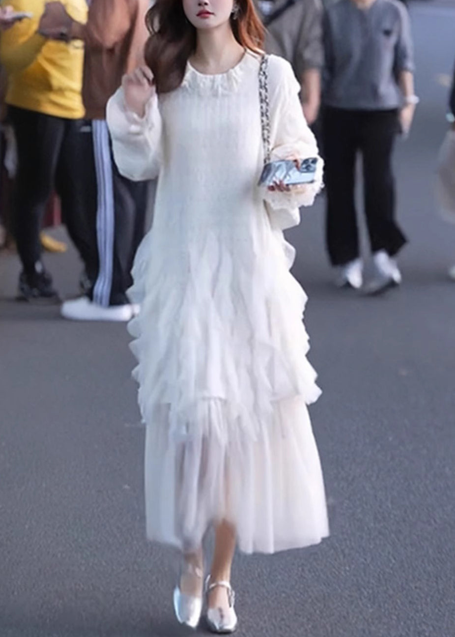 White Maxi Sleeve Solid Tulle Butterfly Dresses Elegant Patchwork