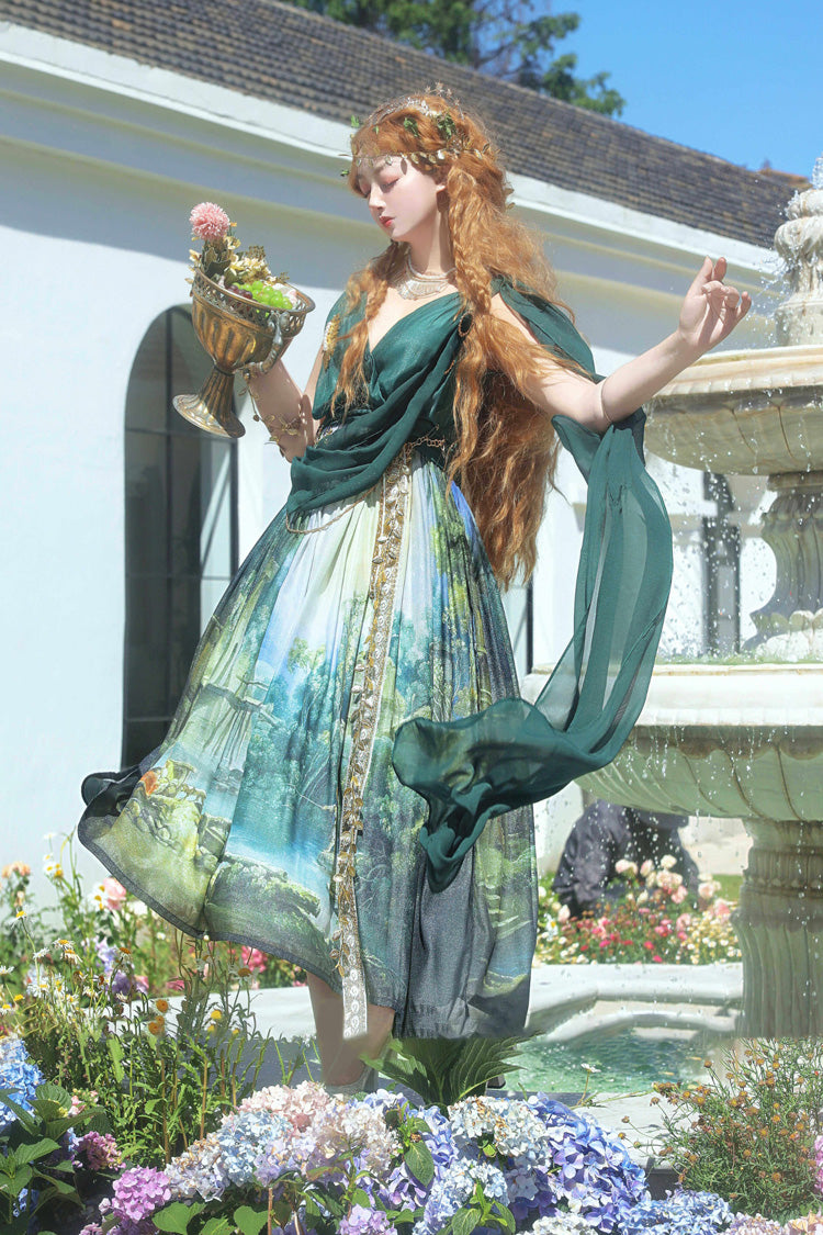 Emerald Grace Favor V-Neck Sleeveless Oil-Painting Printed JSK