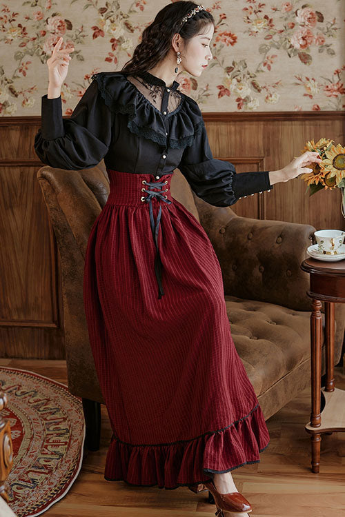 Palace-Style Ruffled Stripe Print Lolita Dress Skirt in Wine - AristocraticVintage