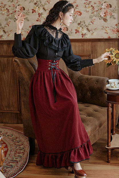 Palace-Style Ruffled Stripe Print Lolita Dress Skirt in Wine - AristocraticVintage