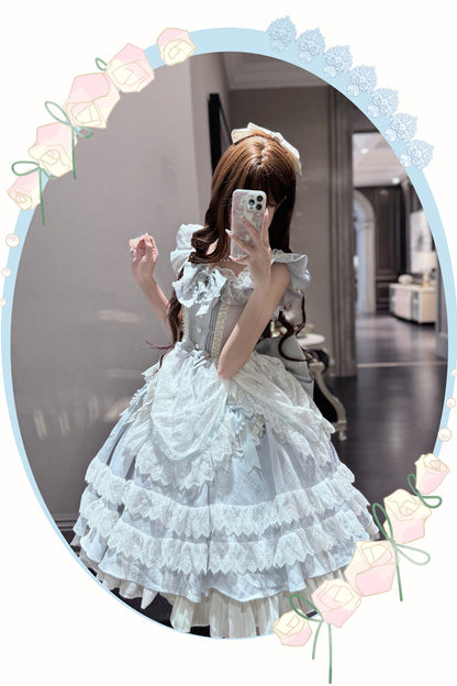 Azure Fairy Tale Advent Multi-Layered Ruffle Bow Lace Sweet Princess Gorgeous Lolita Tiered Gown