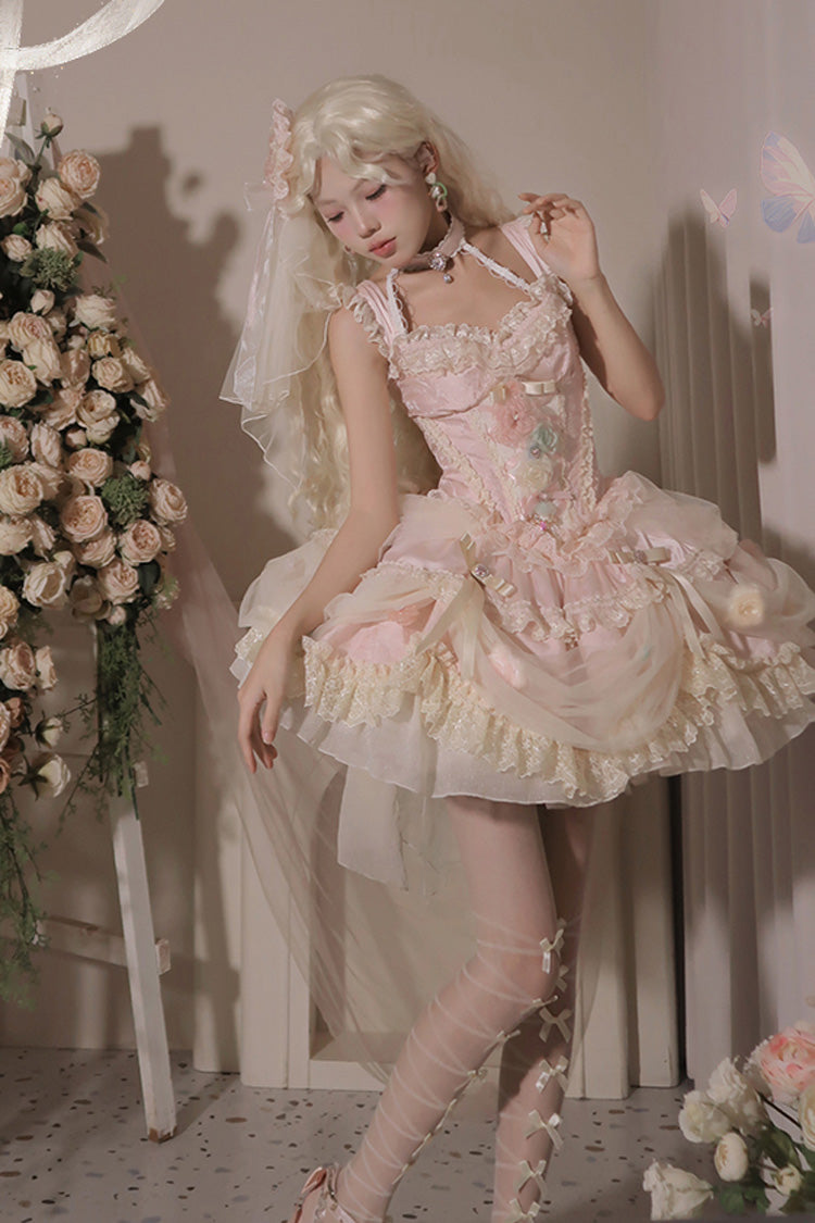 Blush Ruffled Embroidered Bow Lace Fishbone Princess JSK