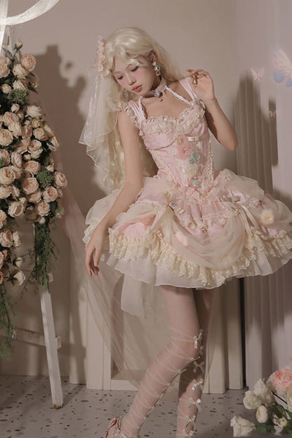 Blush Ruffled Embroidered Bow Lace Fishbone Princess JSK