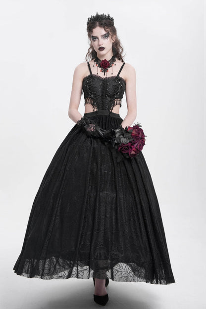 Women's Gothic Party Slip Dress with Floral Embroidery and Lace Ripped in Black Jacquard