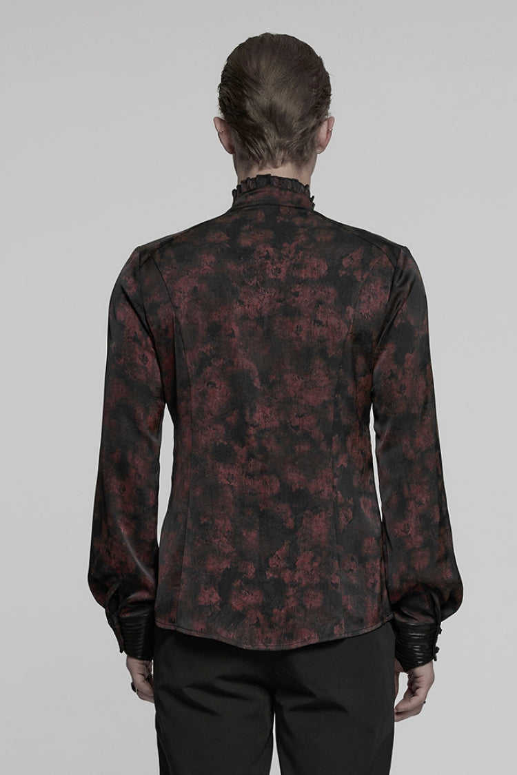 Crimson & Obsidian Stand Collar Long Sleeves Ruffle Pleated Gothic Blouse