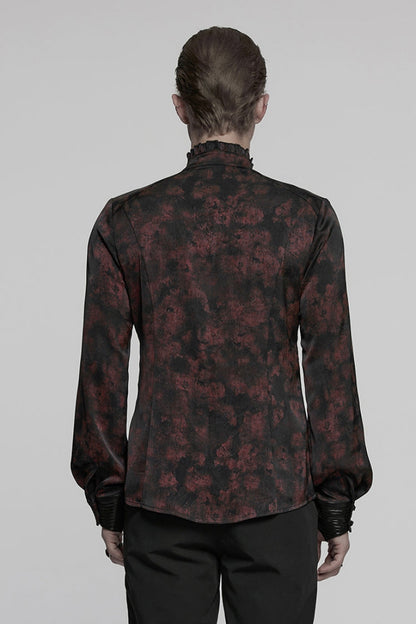 Crimson & Obsidian Stand Collar Long Sleeves Ruffle Pleated Gothic Blouse